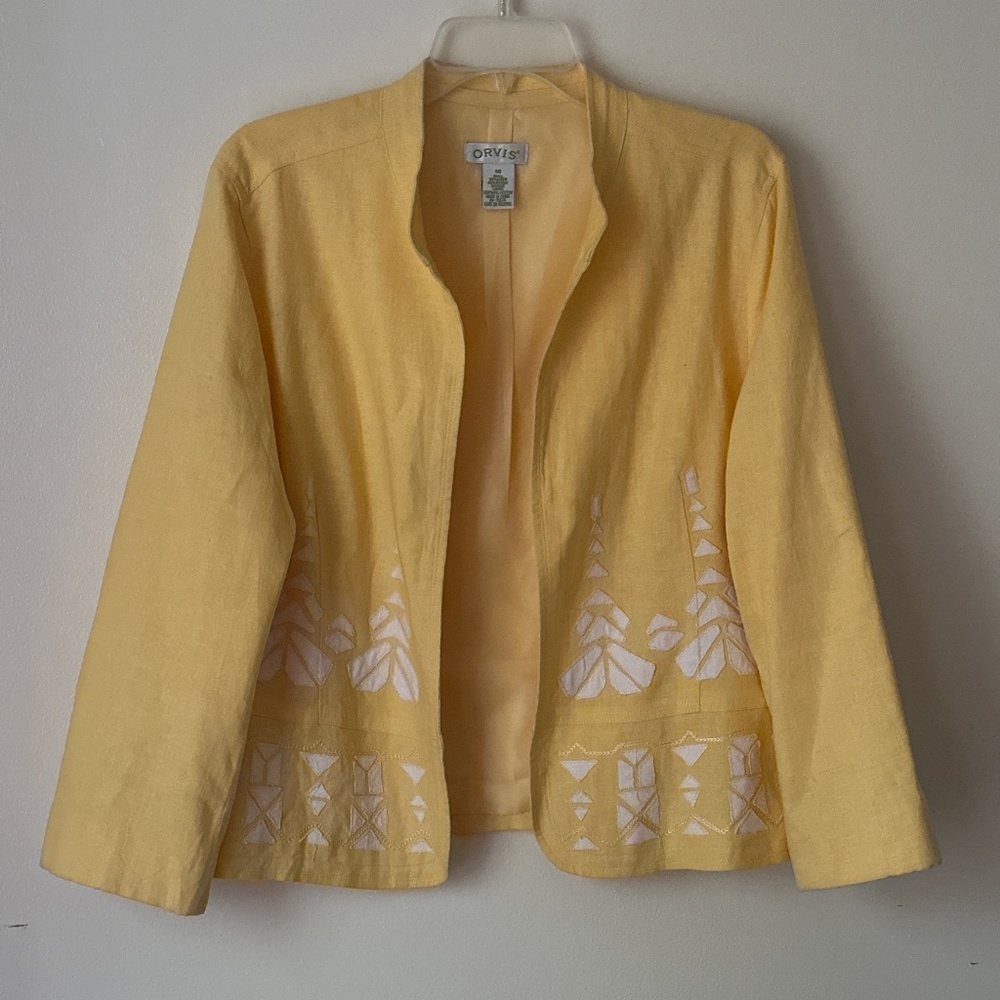 Vintage ORVIS Women Blazer Linen 14 Embroidered Yellow Longsleeve